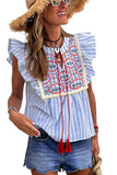 Sky Blue Stripe Geo Pattern Embroidered Tassel Flutter Blouse