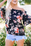 Blue Ruffle Off Shoulder Flounce Sleeve Floral Blouse