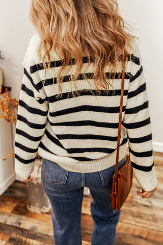 Apricot Striped Knit Drop Shoulder Collared V Neck Sweater