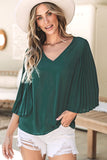 Blackish Green 3/4 Pleated Bell Sleeve V Neck Blouse