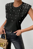 Black Pearls Beaded Shoulder Pad Crew Neck Tank Top