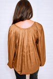 Camel Satin Pleated Tied V Neck Puff Sleeve Blouse