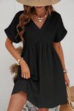 Black Folded Short Sleeve Lace V Neck Mini Dress