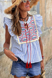 Sky Blue Stripe Geo Pattern Embroidered Tassel Flutter Blouse