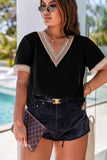 Black Lace Trim Short Sleeve V Neck Plus Size Top