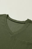 Jungle Green Corded V Neck Chest Pocket Loose T-shirt