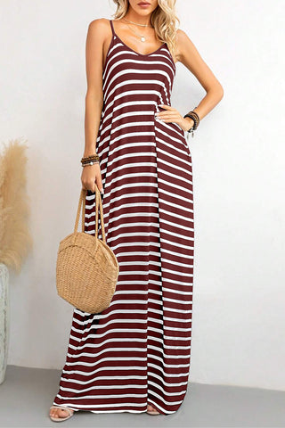 Red Stripe Side Pockets Spaghetti Straps Maxi Dress