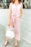 Pink Buttoned Sleeveless Cropped Jumpsuit with Sash