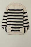 Apricot Striped Knit Drop Shoulder Collared V Neck Sweater