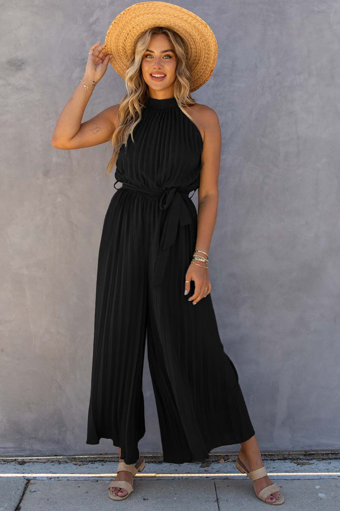 Black Halter Neck Pleated Wide Leg Jumpsuit with Belt