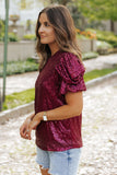 Burgundy Glittering Sequin Short Bubble Sleeve Blouse