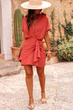 Tomato Red Collared Buttoned Neckline Pleated Wrapped Mini Dress