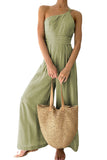 Green Asymmetric Thin Straps One-shoulder Wide Leg Jumpsuit