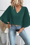 Blackish Green 3/4 Pleated Bell Sleeve V Neck Blouse