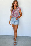 White Floral Ruffled Short Sleeve V Neck Blouse