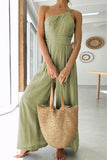 Green Asymmetric Thin Straps One-shoulder Wide Leg Jumpsuit