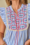 Sky Blue Stripe Geo Pattern Embroidered Tassel Flutter Blouse