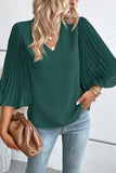 Blackish Green 3/4 Pleated Bell Sleeve V Neck Blouse