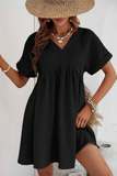 Black Folded Short Sleeve Lace V Neck Mini Dress