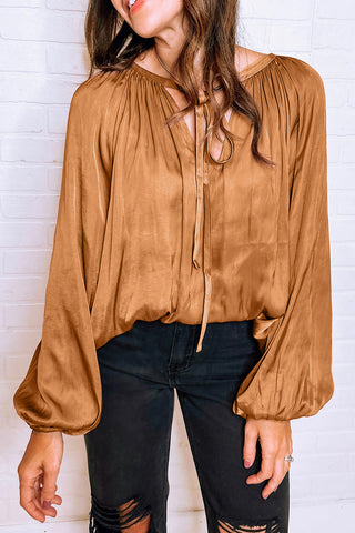 Camel Satin Pleated Tied V Neck Puff Sleeve Blouse