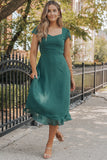 Sea Green Shirred Open Back Sweetheart Neck Ruffled Midi Dress