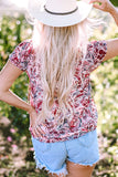 White Floral Ruffled Short Sleeve V Neck Blouse