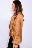 Camel Satin Pleated Tied V Neck Puff Sleeve Blouse