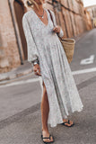 Multicolor Printed Tie V Neck Loose Long Sleeve Split Dress