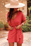 Tomato Red Collared Buttoned Neckline Pleated Wrapped Mini Dress