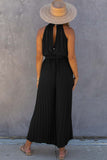 Black Halter Neck Pleated Wide Leg Jumpsuit with Belt