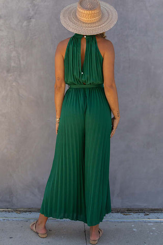 Green Halter Neck Pleated Wide Leg Jumpsuit with Belt