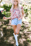 White Floral Ruffled Short Sleeve V Neck Blouse