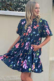 Black Floral Short Bubble Sleeve Button Mandarin Collar Dress