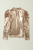 Apricot Sequin Mock Neck Bubble Sleeve Top