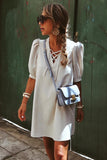 Beige Lace-up V Neck Bubble Sleeve Short Shift Dress