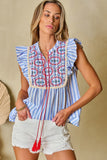 Sky Blue Stripe Geo Pattern Embroidered Tassel Flutter Blouse