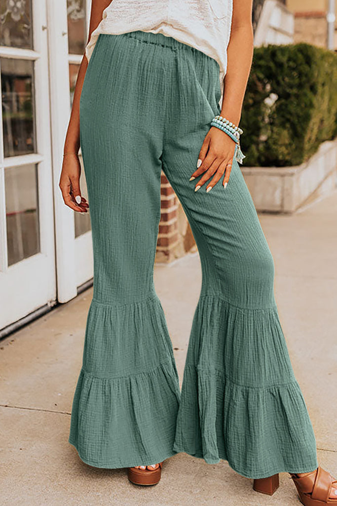 Green Textured High Waist Ruffled Bell Bottom Pants