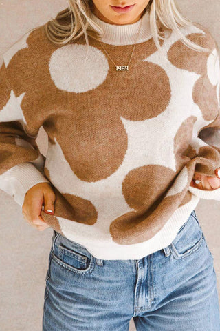 Khaki Big Flower Pattern Drop Shoulder Sweater