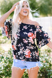 Blue Ruffle Off Shoulder Flounce Sleeve Floral Blouse