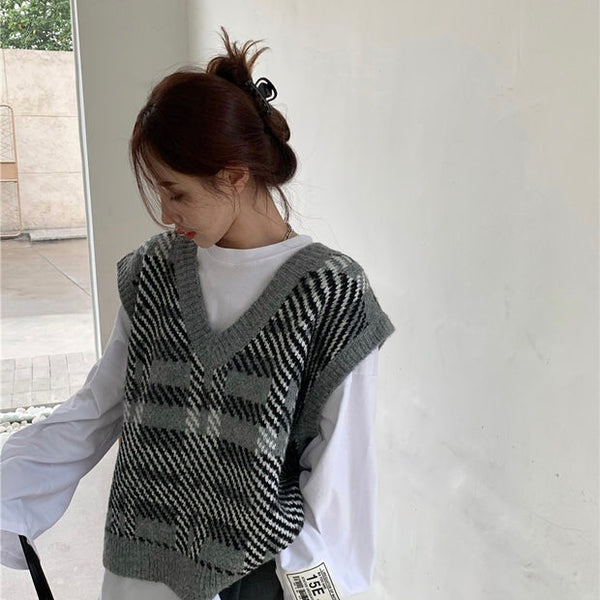 【Final Sale】V-neck Oversized Grid Vest+Long Sleeves Top Set