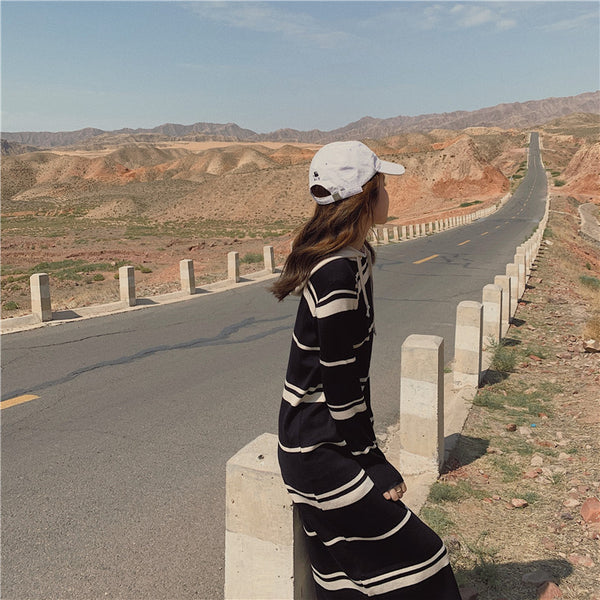 【Final Sale】Striped Hoodie Long Knit Dress