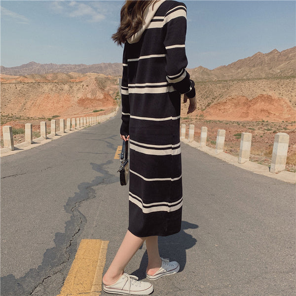 【Final Sale】Striped Hoodie Long Knit Dress