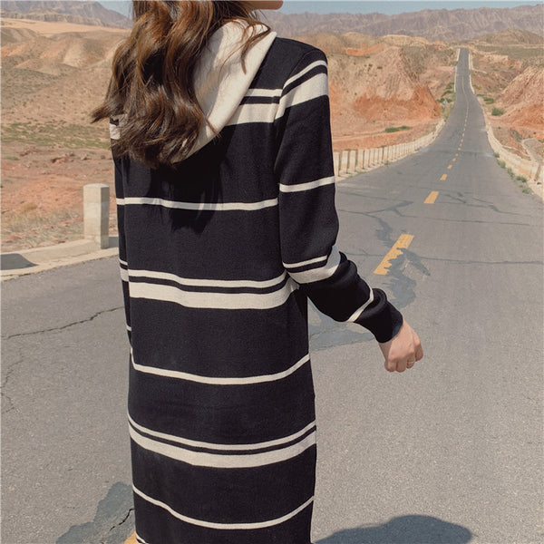 【Final Sale】Striped Hoodie Long Knit Dress