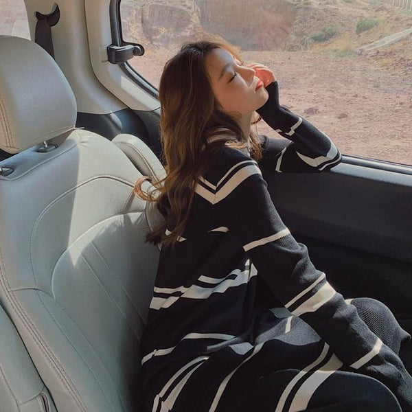 【Final Sale】Striped Hoodie Long Knit Dress