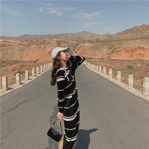 【Final Sale】Striped Hoodie Long Knit Dress