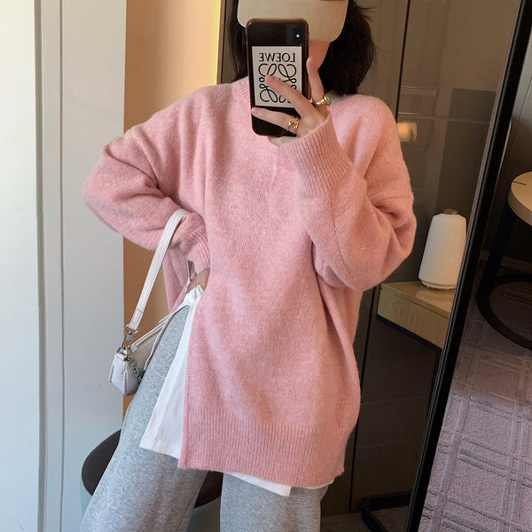 【Final Sale】Round Neck Slit Knit Sweater