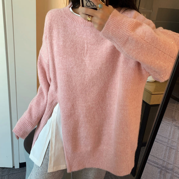 【Final Sale】Round Neck Slit Knit Sweater