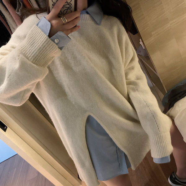 【Final Sale】Round Neck Slit Knit Sweater