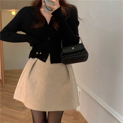 【Final Sale】Knitted Cardigan+Sweater Puffy Skirt Match set