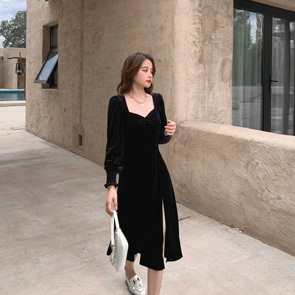 【Final Sale】Classic Velvet Touch Slit Dress